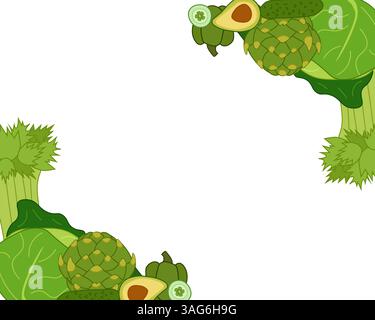 Fresh green veggies rectangle frame in corner. Vector flat composition. Banner, poster, wrapping paper, sticker, print, modern textile design. Eat gre Stock Vector