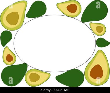 Avocado oval Frame in rectangle. Avocado flat Background with Space for Text. Vegetable background for banners, print for fabric, labels, t-shirt prin Stock Vector