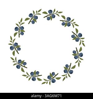 Circular Wreath Design Featuring Blueberries and Green Leaves on White Background Stock Vector