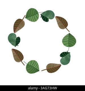 Circular Arrangement of Green and Brown Textured Leaves on White Background Stock Vector
