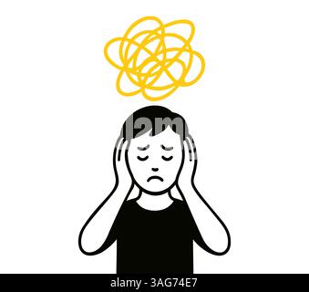 Stress anxiety man head confused icon. Person mental sad disorder headache psychology adhd emotion concept. Stock Vector
