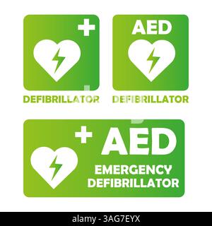 AED heart sign. Emergency defibrillator text. Green plus symbol. Medical Vector shape. Stock Vector