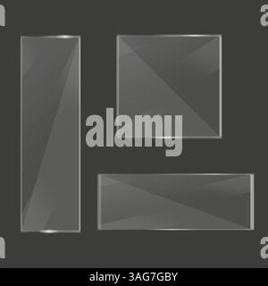 Translucent architectural glass. Darkened metallic backdrop. Vector reflective frames. Geometric crystalline surfaces. Stock Vector