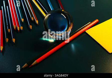 multi-colored pencils, glass ball and note paper on a desk Stock Photo
