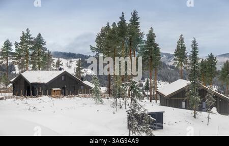 houses on a snowy mountainside, forested mountains with picturesque sky, norwegian mountains in snow Stock Photo