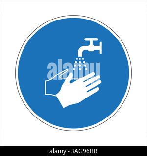 Blue mandatory sign with white drawing of hands washing under running water from tap Stock Vector