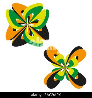Floral twist shape. Orange green petals. Abstract flower vector. Black color accent. Stock Vector