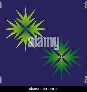 Green starburst form. Spiked symmetrical element. Neon glow vector. Blue background shape. Stock Vector