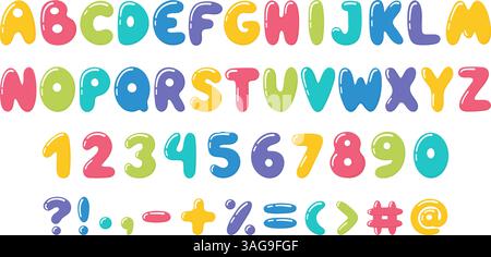 Balloon style letters. Bubble numbers, marks and letter. Isolated decorative font bright colors for cards ad banners posters design, neoteric vector Stock Vector