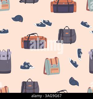 Tourism and travel seamless pattern. Sneakers, cap and backpacks. Hiking or camping season. Print for fabric, web site backdrop, vector background Stock Vector