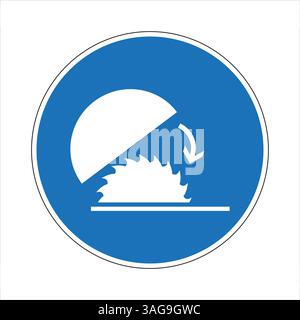 Blue mandatory sign illustrating lower guard closing on rotating circular saw blade, for workplace safety Stock Vector