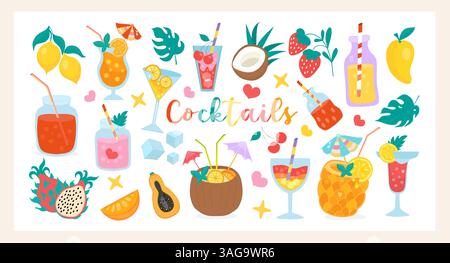Tropical summer set with cocktails, exotic fruits, ice cubes in flat colorful style perfect for beach bars, menus, party decor, packaging and summer Stock Vector