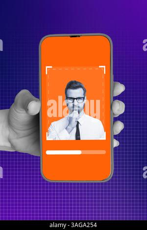 Poster sketch image artwork 3D photo collage of hand hold smartphone display portrait man posing surveillance hacker data scrutiny safety Stock Photo