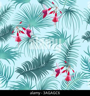 Vector seamless pattern with green palm leaves and flowers, jungle background. Botanical art illustration for wallpaper, wall decoration, fabric, text Stock Vector