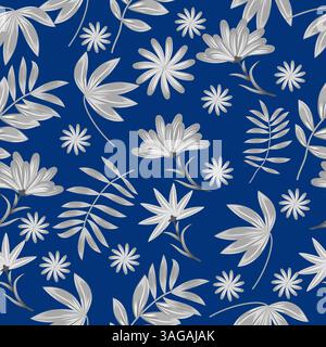 Vector seamless pattern with abstract gray flowers on dark blue background for wallpaper, fabric, textile. Stock Vector
