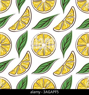 Seamless pattern with lemon slice, wedges and green leaf in flat style. Perfect for summer citrus theme, fresh food packaging and organic fruit design Stock Vector
