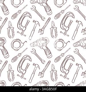 Seamless pattern with line art style tools, drill, hammer, pliers wrench and screwdriver. Perfect for construction repair workshop, store, shop Stock Vector