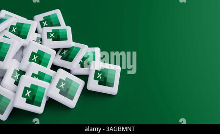 Logo of the spreadsheet editor Microsoft Excel on a big pile on green background with copy space as web banner header Stock Photo