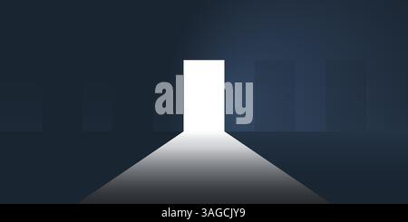 Dark Room, Light Coming In Through an Open Exit Door - Freedom, New Possibilities, Hope of Bright Future, Overcome Problems, Solution Finding Concept Stock Vector
