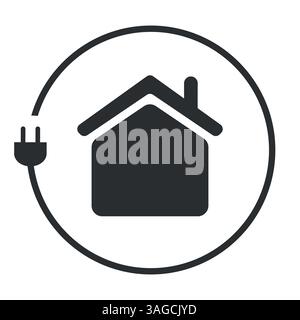 Fight Against Climate Change, Use Renewable Energy at Home -  Black Concept Logo Design with Electric Cord Around a House, Symbol on White Background Stock Vector