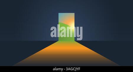 A doorway that opens to a vibrant landscape bathed in warm sunlight. The contrast between the shadowy interior and the bright outdoors evokes a sense Stock Vector