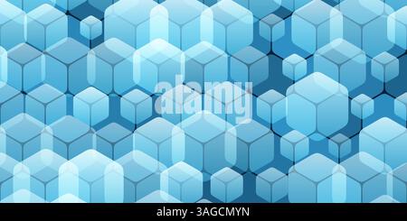 A geometric pattern of intersecting transparent cubes of various random sizes, featuring subtle blue and white gradients. The 3D effect adds depth, cr Stock Vector