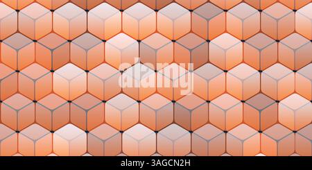 A geometric pattern of repeating cubes fitted into a hexagonal grid and with subtle orange and gray gradients. The 3D effect adds depth, creating a mo Stock Vector