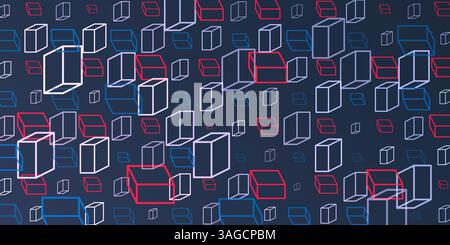 A vibrant abstract pattern of repeating 3D cubes in red, blue and white on a dark blue background. The bold geometric design and contrasting colors cr Stock Vector