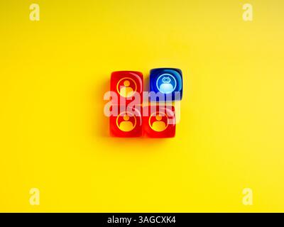 Artificial Intelligence jobs, smart robot business assistant, technology concepts. AI robot icon on different blue dice one, near other red cubes with Stock Photo