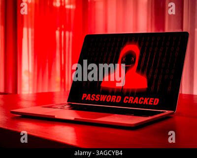 Password cracked, remote access scam, hacker, digital online cyber crime concept. Red scammer icon with binary code, hacked on notebook computer or la Stock Photo