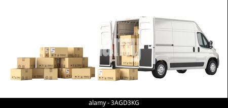 White delivery van cardboard boxes on transparent background 3d Stock Photo