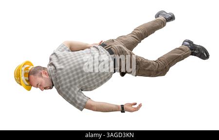 Construction worker lying down workplace accident isolated Stock Photo