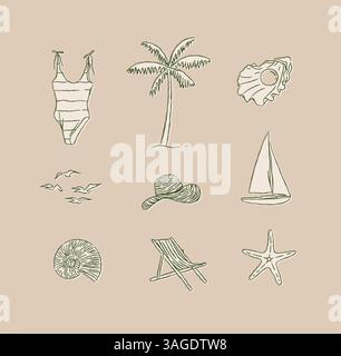 Summer beach relax icons collection swimsuit, palm tree, shell, pearl, seagulls, birds, hat, yacht, starfish, beach chair drawing in graphic style on Stock Vector