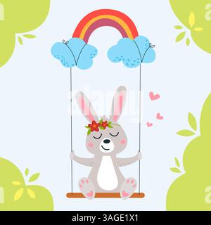 Cute bunny on swing. Seasonal funny print with cartoon rabbit move on rainbow swing. Animal in love wear floral wreath. Children banner classy vector Stock Vector