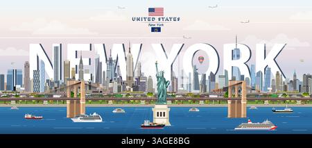 New York city skyline colorful vector illustration. Travel poster Stock ...