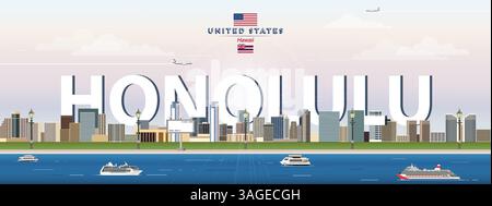 Honolulu city skyline colorful vector illustration. Travel poster Stock Vector