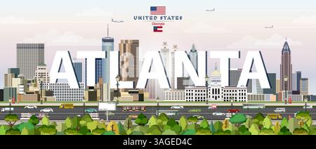 Atlanta city skyline colorful vector illustration. Travel poster Stock Vector