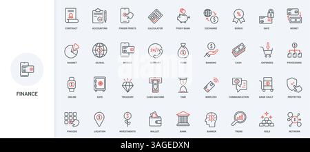 Finance, bank investment, expense and income accounting, secure access to service and payment line icon set. Fund and banking, money in wallet thin black and red outline symbols vector illustration Stock Vector
