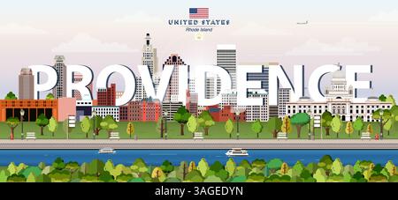 Providence city skyline colorful vector illustration. Travel poster Stock Vector