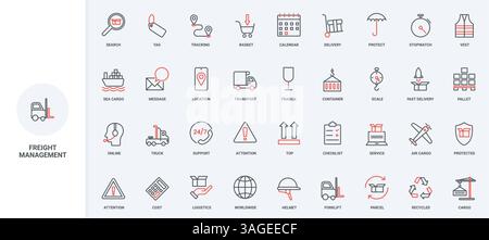 Delivery with freight transport, worldwide cargo shipment, storage in warehouse line icon set. Logistics global support, merchandise, parcels thin black and red outline symbols vector illustration Stock Vector