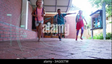 Image of Covid 19 coronavirus cell spinning, scope scanning over school children running in school Stock Photo