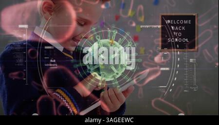 Image of Covid 19 coronavirus cell spinning, scope scanning with Welcome Back To School over schoolb Stock Photo
