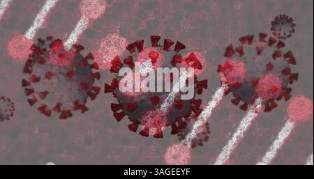 Digital illustration of coronavirus particles with red spikes on textured background Stock Photo