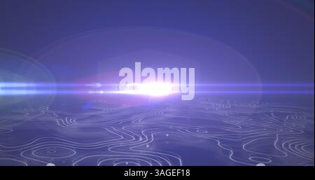 Image of bright white light and light beams on horizon over wavy lines moving across a dark blue bac Stock Photo