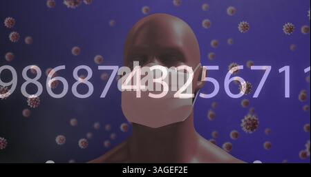 Image of human head model wearing face mask with numbers increasing and Covid 19 cells floating on p Stock Photo