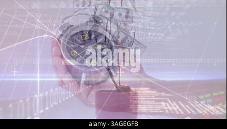 Digital composite image of financial data processing against man holding alarm clock Stock Photo