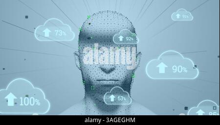 Image of human head glowing with clouds and numbers growing Stock Photo