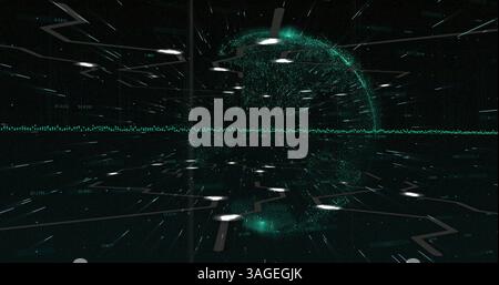 Light trails moving against music equalizer against globe on black background Stock Photo