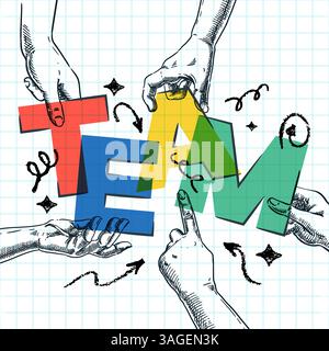 Vibrant letters, forming word team in human hands. Vector hand drawn sketch illustration on checkered sheet of paper background. Teamwork, business co Stock Vector