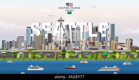 Seattle city skyline colorful vector illustration. Travel poster Stock Vector